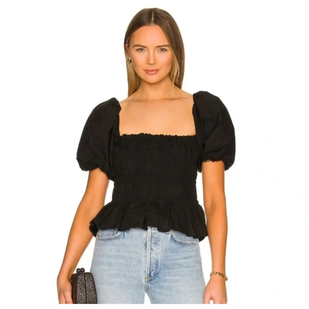 Astr the label Savina Black Smocked Puff Sleeve Blouse Sz small S